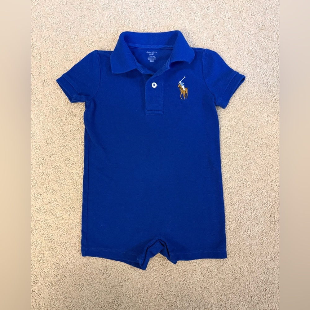 Ralph Lauren Baby Boy Polo Romper 12M Blue Pony One Piece Outfit